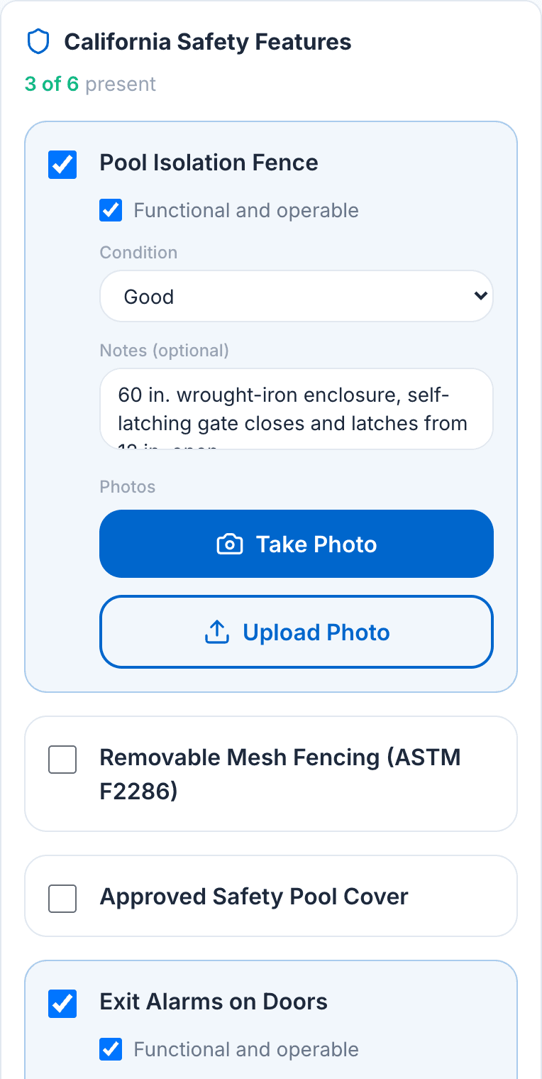 PoolVerify's California Safety Features checklist on a phone: 3 of 6 present, Pool Isolation Fence marked present and operable in good condition with a note and photo buttons, Removable Mesh Fencing and Approved Safety Pool Cover unchecked, Exit Alarms on Doors present