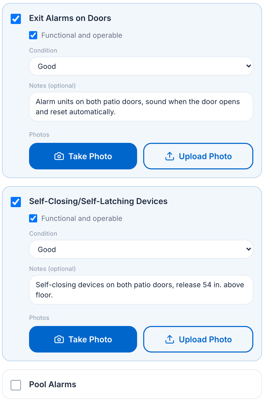 Three items from PoolVerify's California Safety Features checklist: Exit Alarms on Doors and Self-Closing/Self-Latching Devices each marked present and operable in good condition with the inspector's note and Take Photo and Upload Photo buttons, and Pool Alarms unchecked