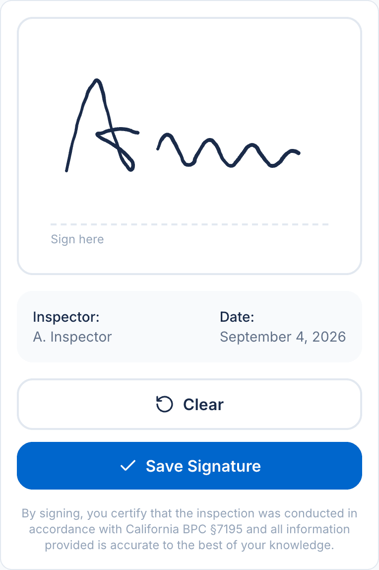 PoolVerify's signature pad with a signature drawn on it, the inspector name and date underneath, a Clear button, and a Save Signature button